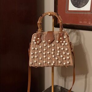 Pearl-Studded Woven Satchel Bag - Brown